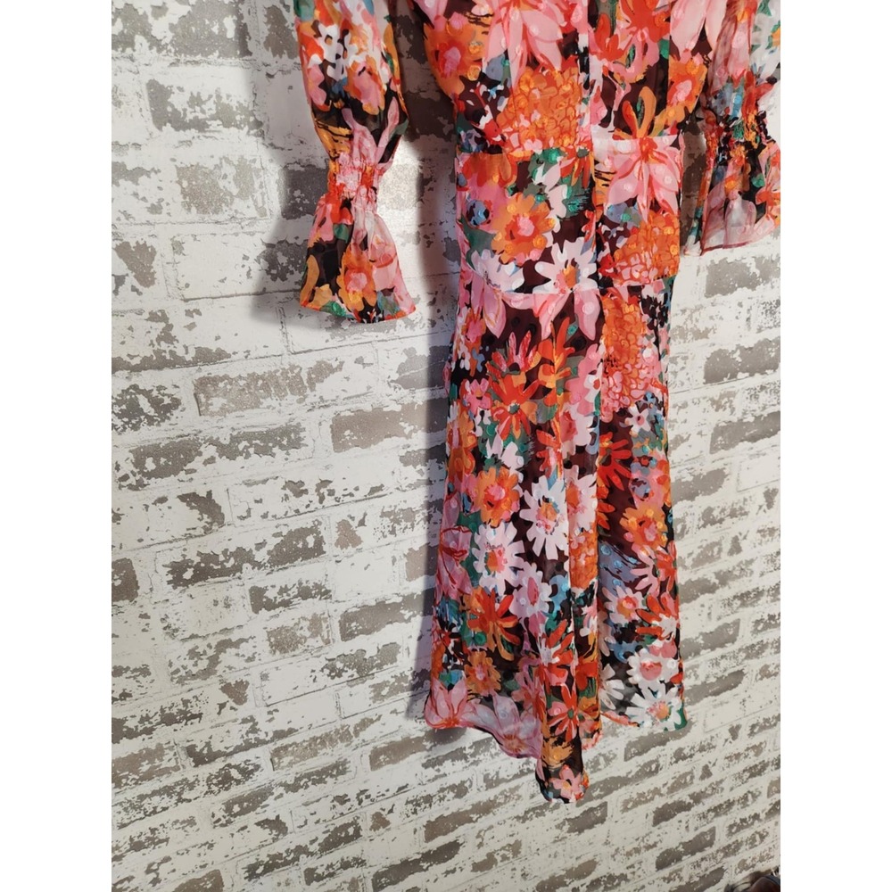 Tahari Arthur S. Levine Faux Wrap Dress Size 8 Red Pink Floral Belted 3/4 Sleeve - Picture 11 of 16